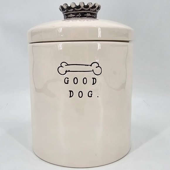 RARE Rae Dunn Ceramic Small Script Bone "GOOD DOG" Canister/Treat Jar Crown Lid - Picture 1 of 15